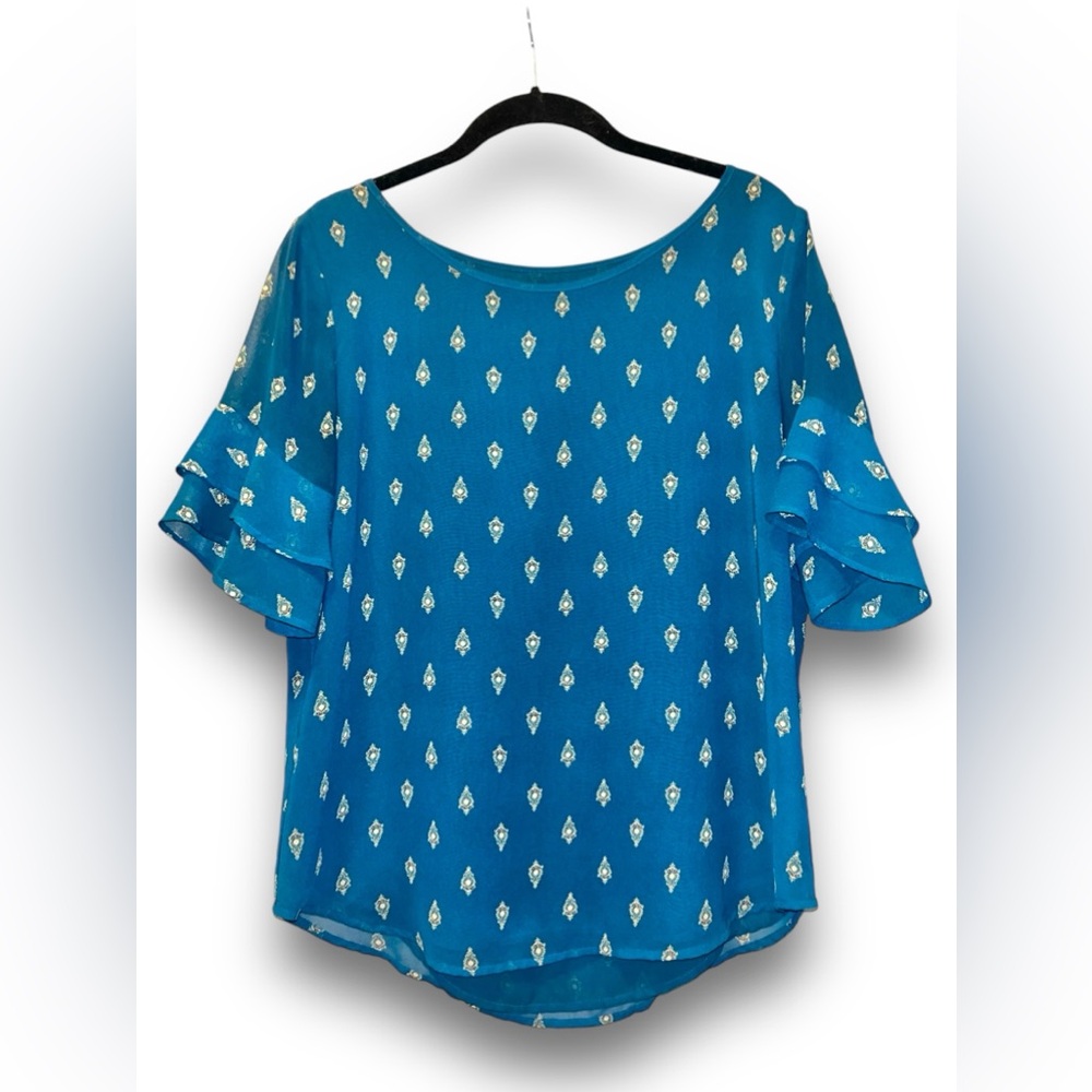 Ann Taylor • Flutter Sleeve Pattern Blouse, Emerald Green, Medium